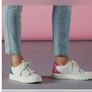 Vionic Simasa Abyss White Leather Sneakers with Pink and Green Accents…Size 6